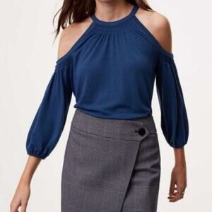 LOFT Blue Smocked Cold Shoulder Top